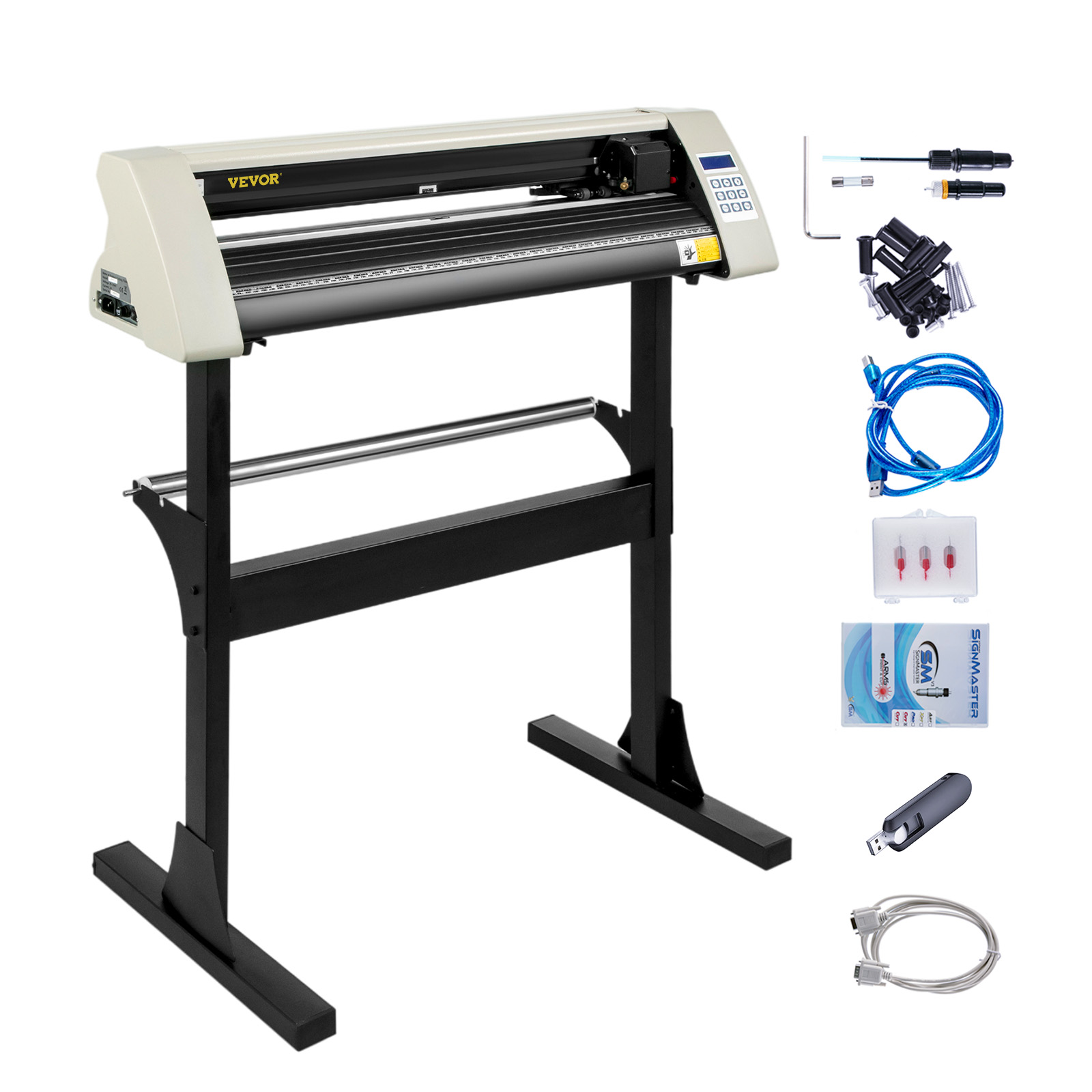 VEVOR vinyl cutter machine with accessories, including cables, blades, and usb drive.