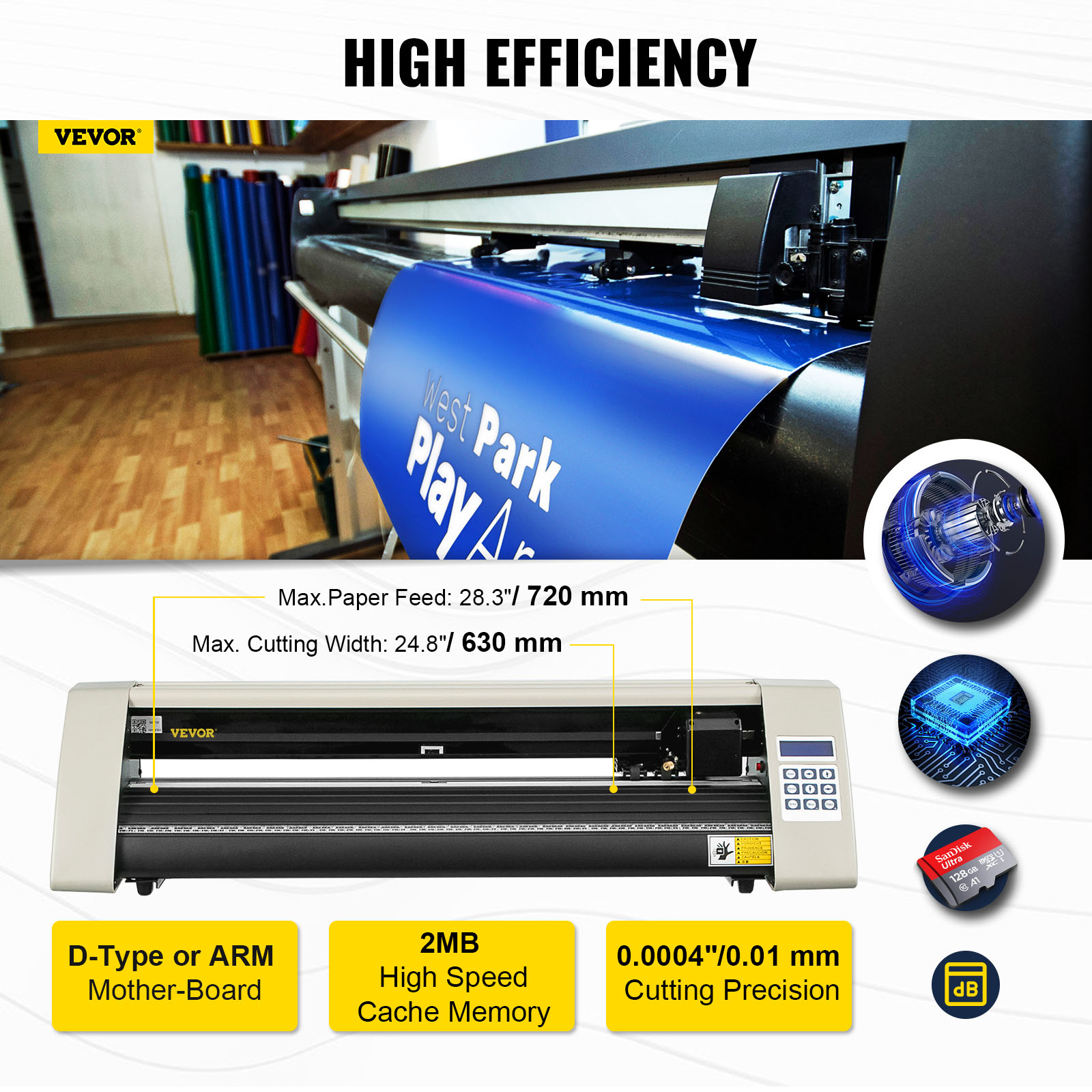 VEVOR vinyl cutter machine with 720 mm paper feed, 630 mm cutting width, high precision.