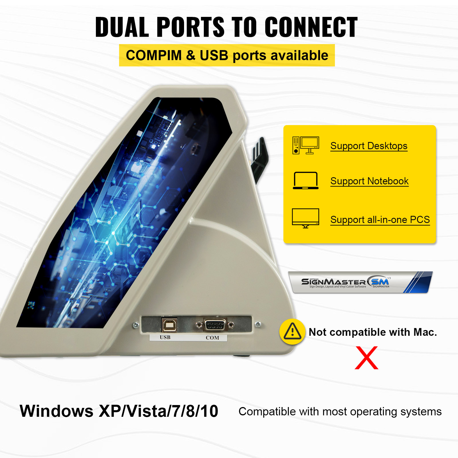 VEVOR vinyl cutter machine with dual ports (compim & usb), supports most windows os.