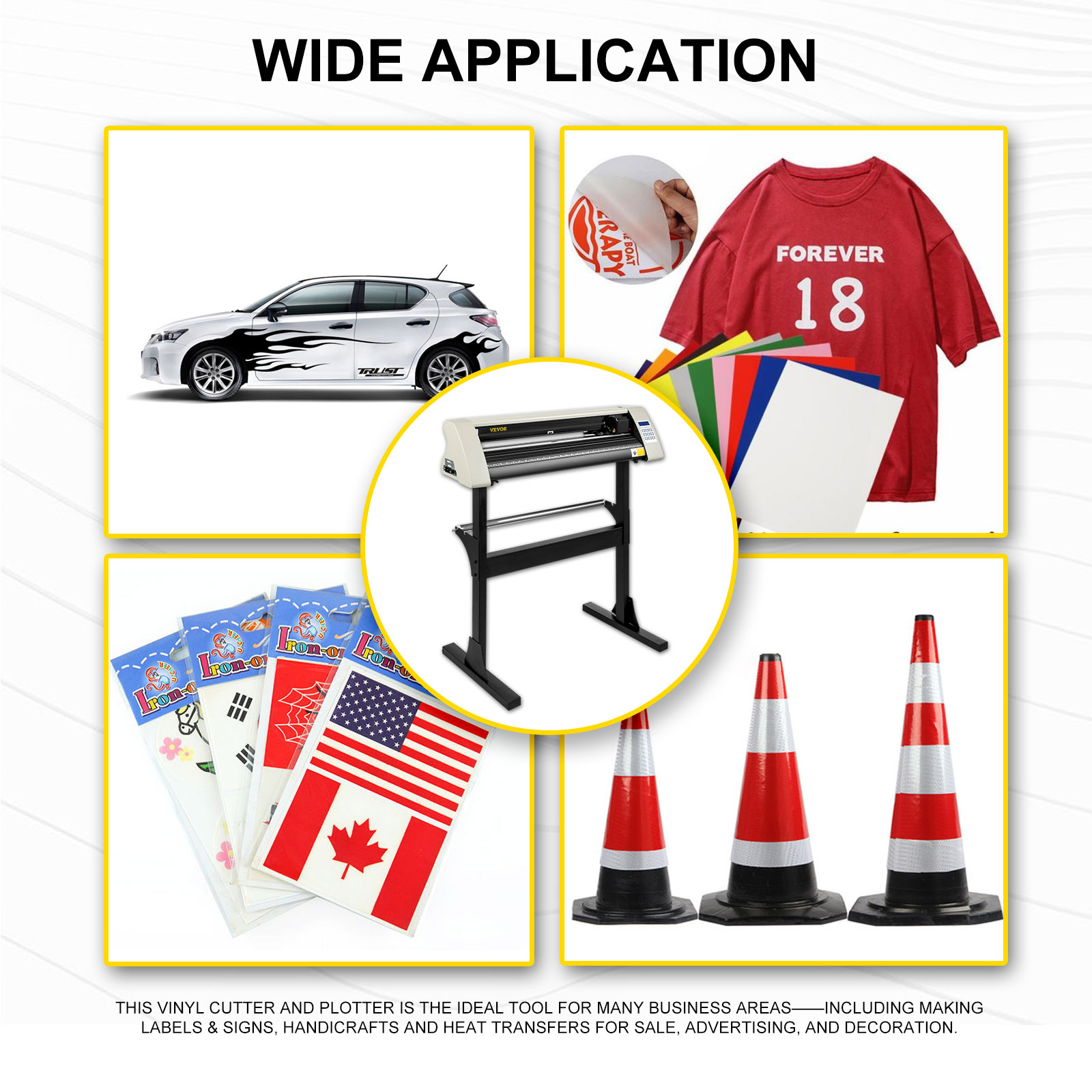 VEVOR vinyl cutter machine applications: car decals, custom shirts, labels, signs, traffic cones.