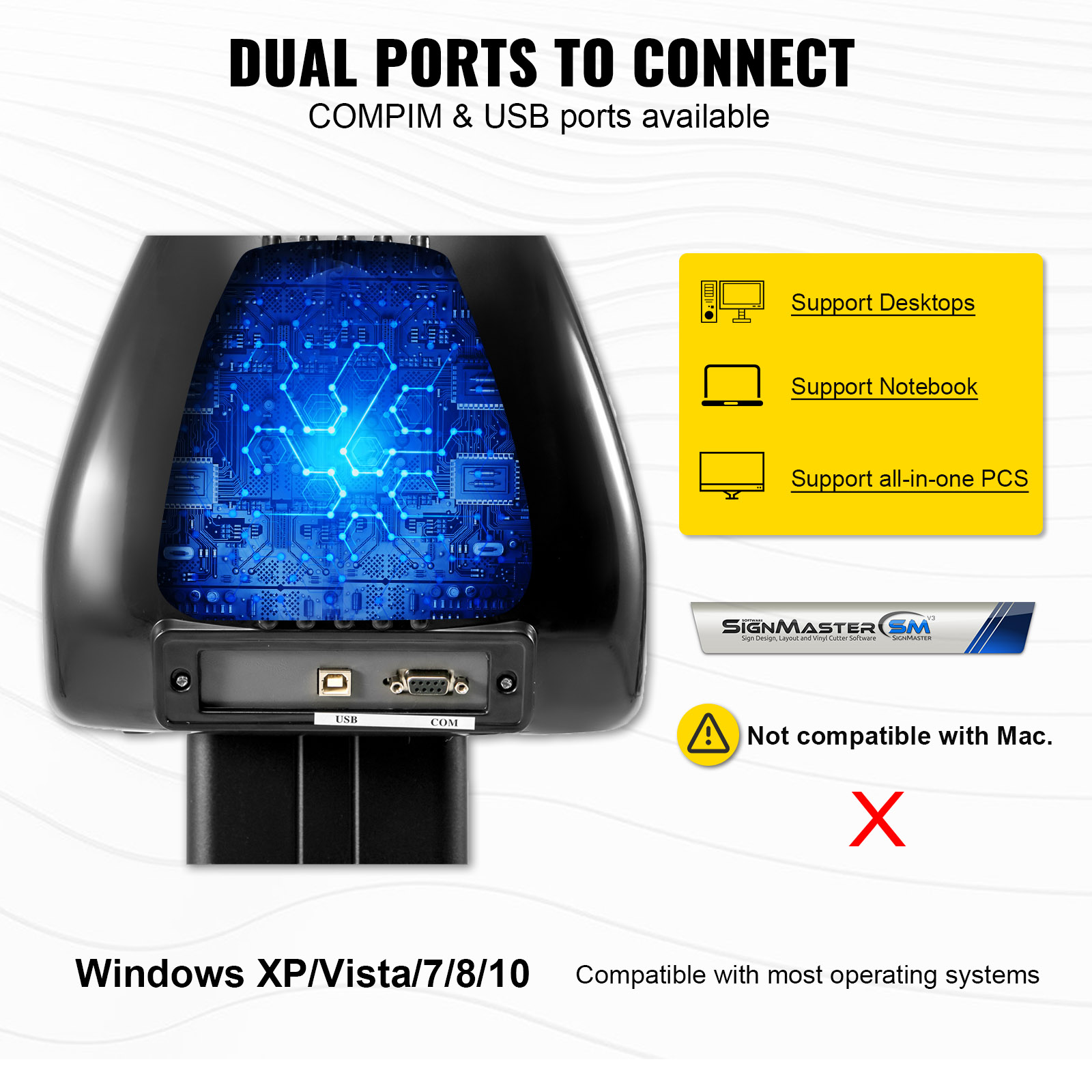 VEVOR vinila griezēja pieslēgvietas USB un com savienojumiem, ar Windows un signmaster programmatūru.