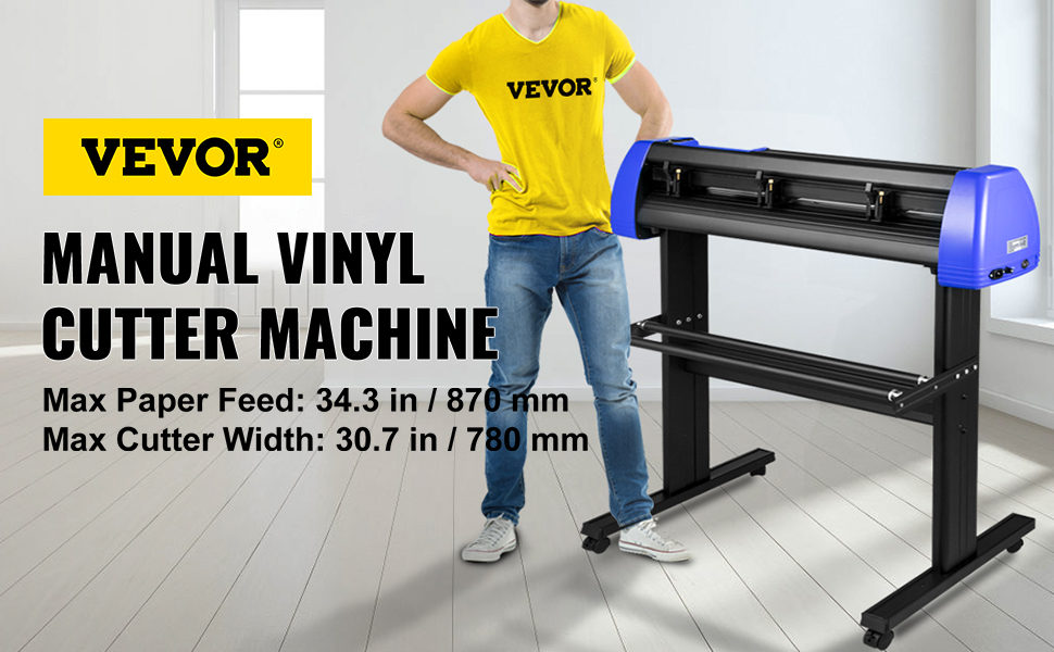 VEVOR vinyl cutter machine displayed with specs and a person in a branded shirt nearby.