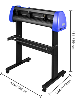 VEVOR vinyl cutter machine on stand with dimensions: 40x20.4x41 inches.