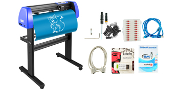 VEVOR vinyl cutter machine with accessories, tools, and cables displayed.