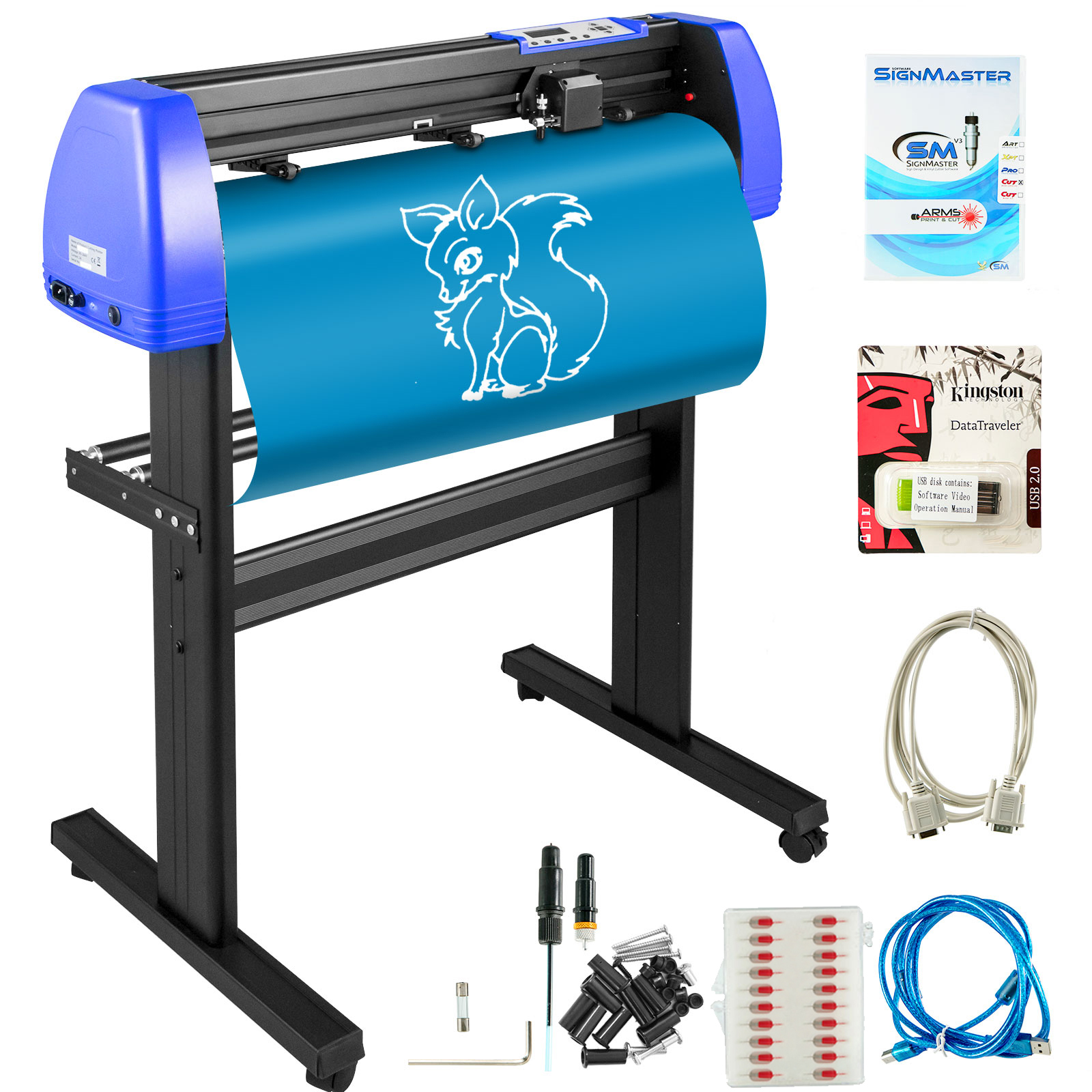 VEVOR vinyl cutter machine with accessories and blue vinyl showing a fox drawing.