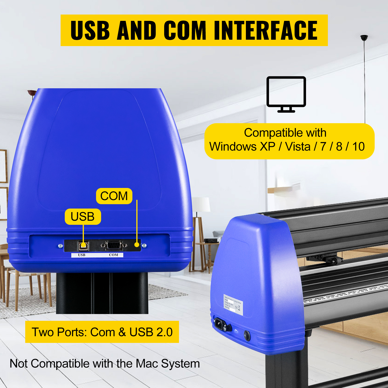 VEVOR vinyl cutter machine with usb and com ports, windows only, blue.
