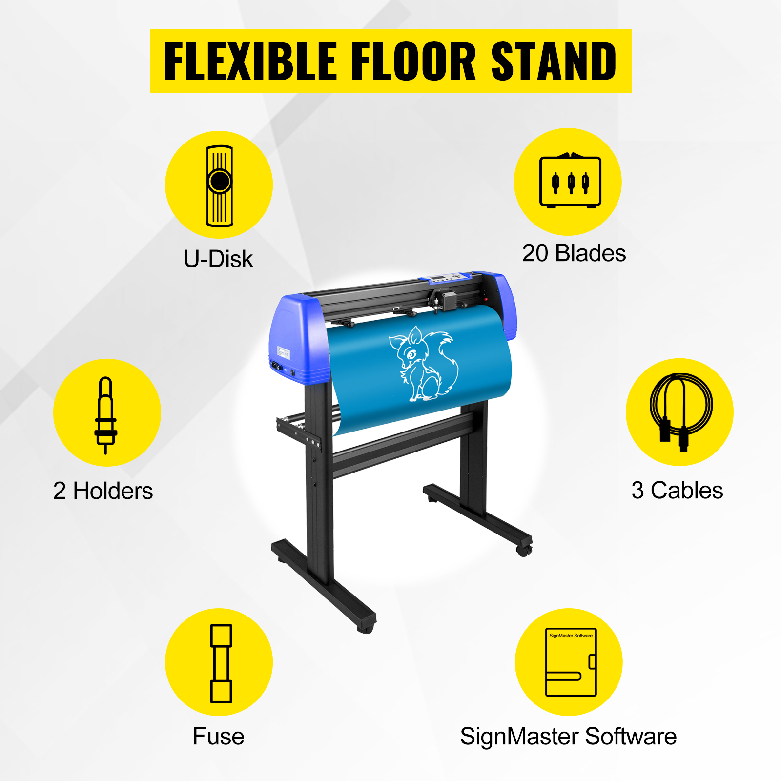 VEVOR vinyl cutter machine with flexible floor stand, 20 blades, 3 cables, and signmaster software.