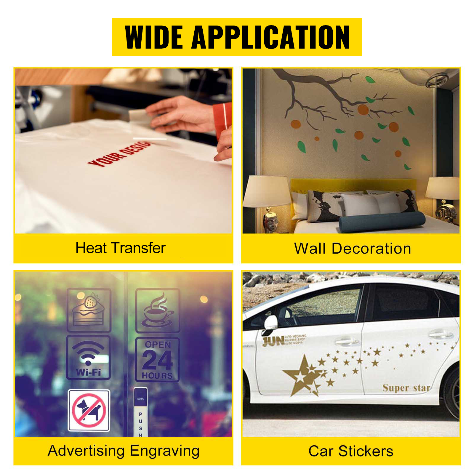 wide application of the VEVOR vinyl cutter machine for heat transfer, wall decoration, advertising engraving, and car stickers.