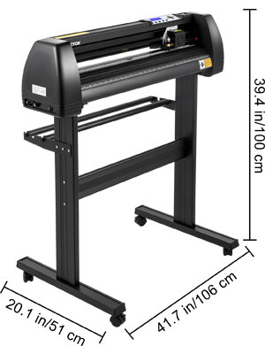 black VEVOR vinyl cutter machine with stand, dimensions: 39.4"x41.7"x20.1".