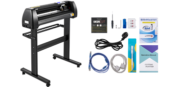 VEVOR vinyl cutter machine with accessories including cords, manuals, and tools.