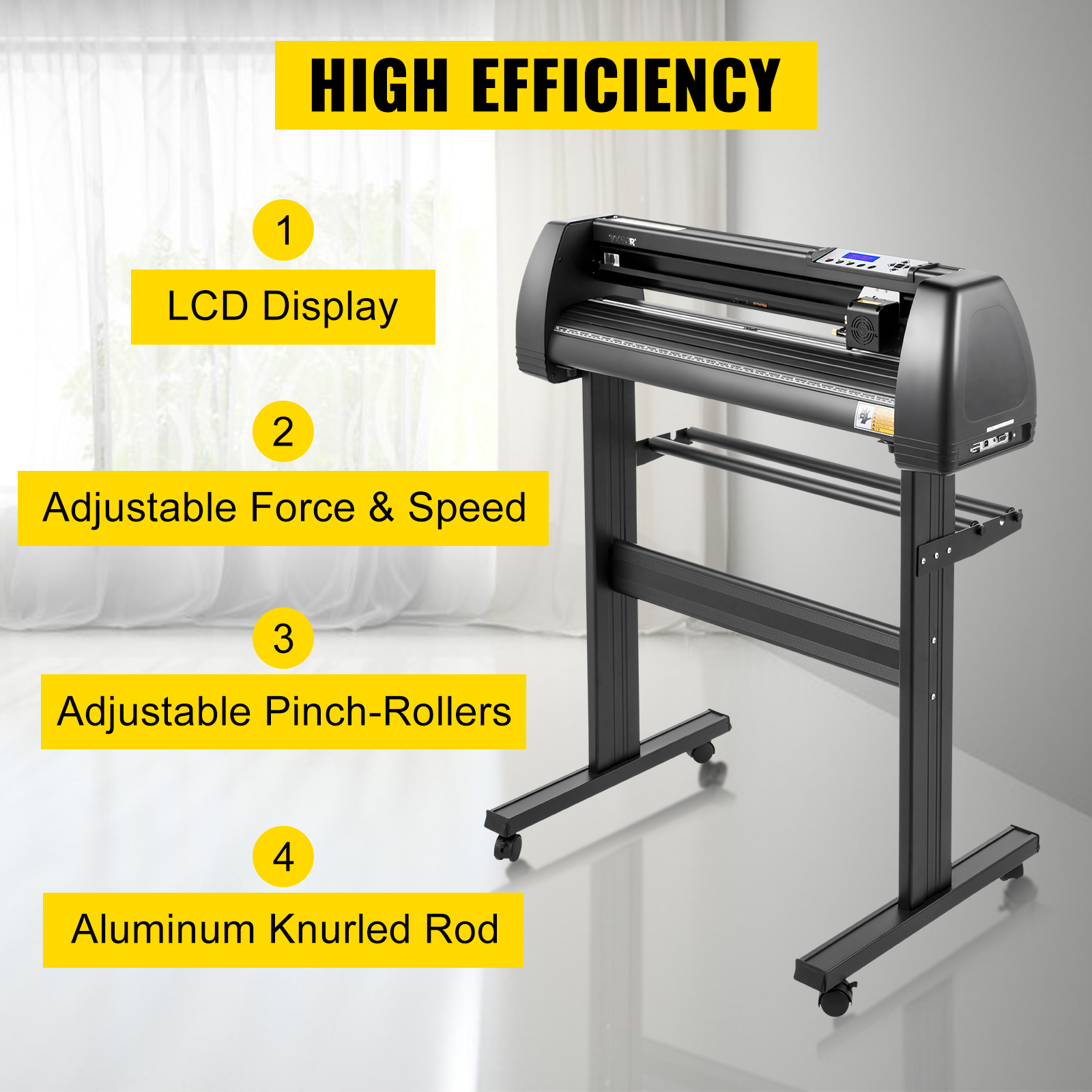 VEVOR vinyl cutter machine with lcd display, adjustable force, speed, and pinch-rollers.