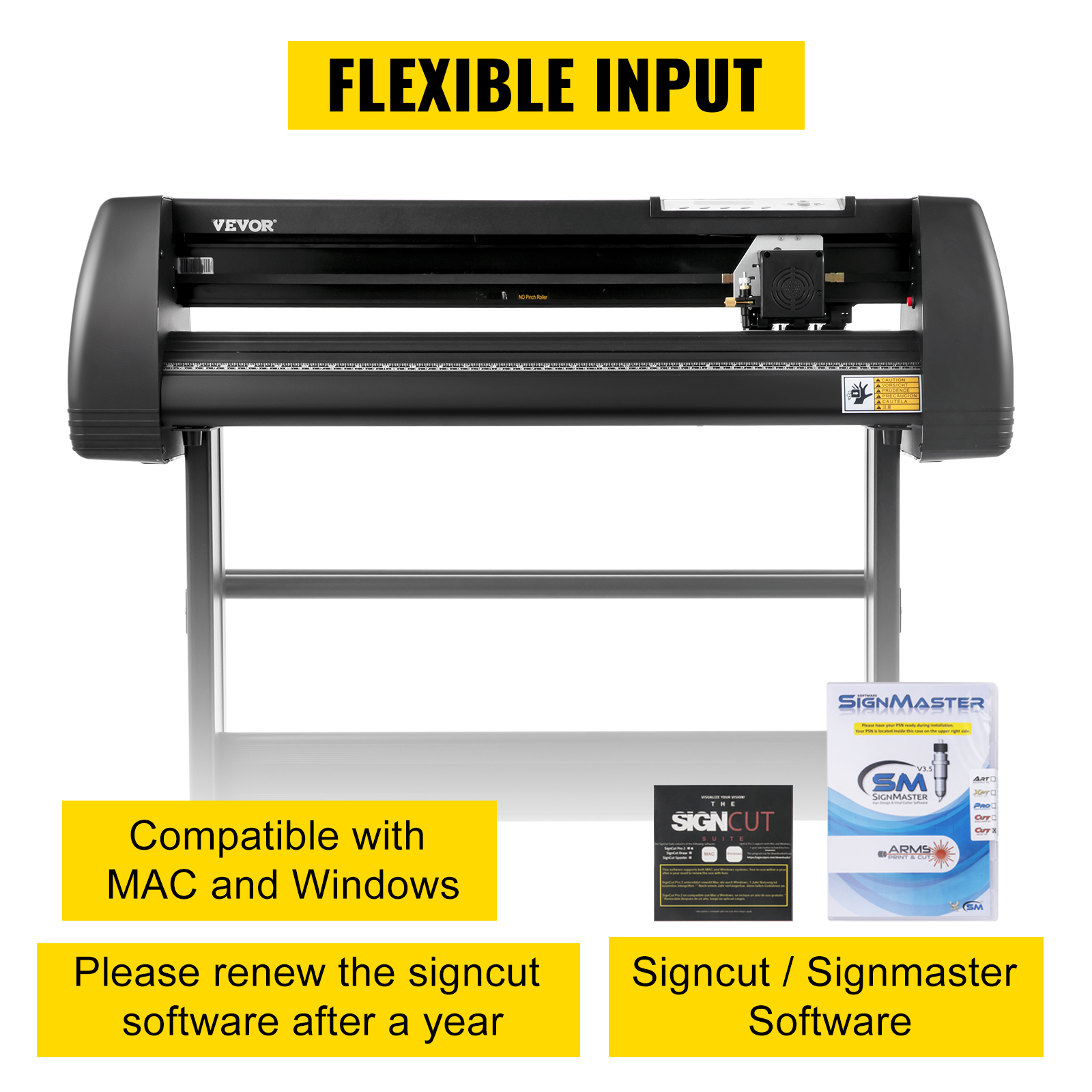 VEVOR vinyl cutter machine with flexible input and signcut/signmaster software.