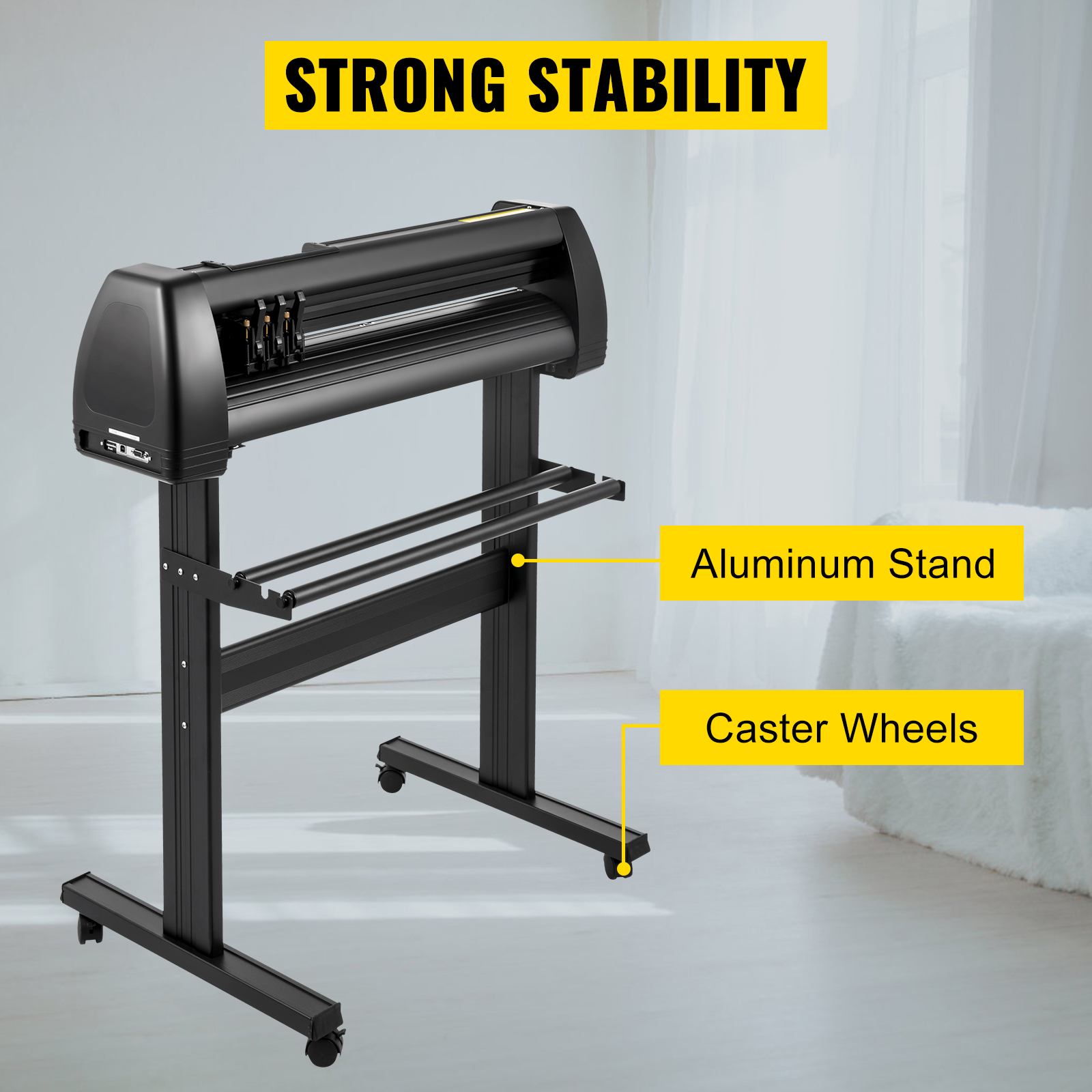 VEVOR vinyl cutter machine with aluminum stand and caster wheels for strong stability.