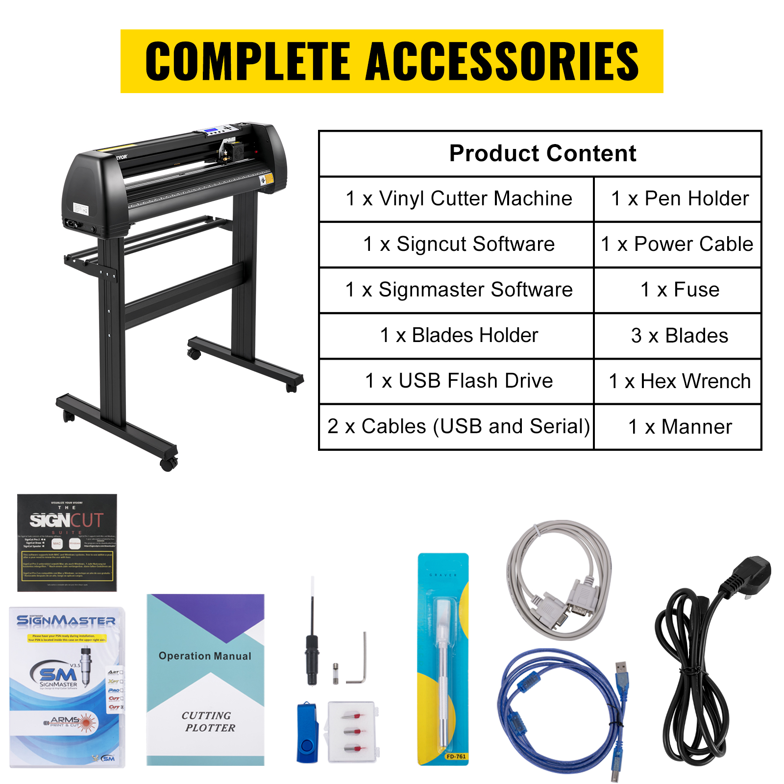 VEVOR vinyl cutter machine with complete accessories including software, cables, and blades.