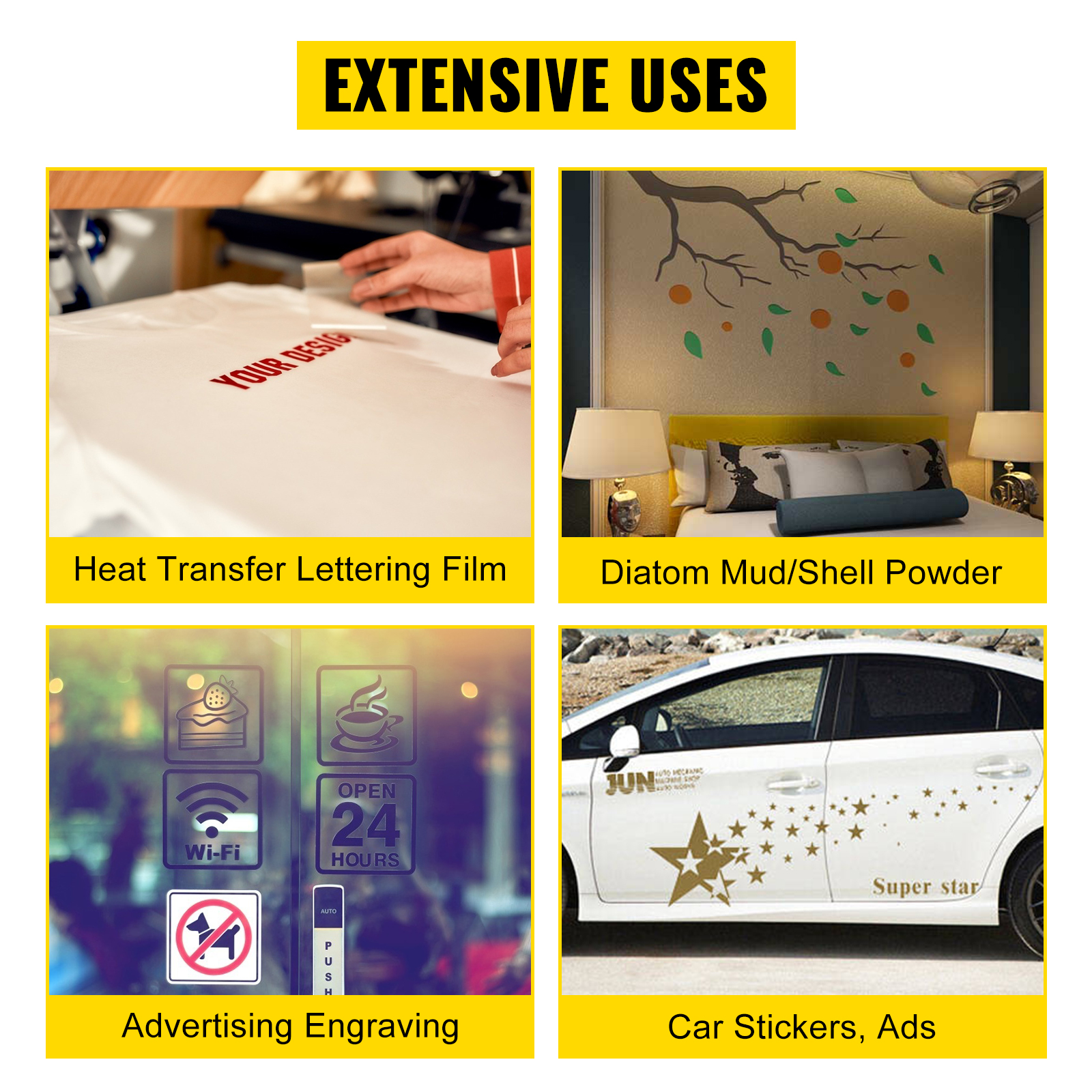 VEVOR vinyl cutter machine uses: heat transfer film, diatom mud, engraving, car stickers.