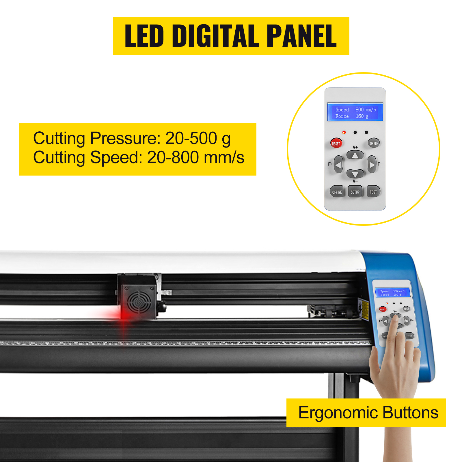 VEVOR vinila griezējs ar LED paneli, ergonomiskas pogas, 20-500 g spiediens, 20-800 mm/s ātrums.