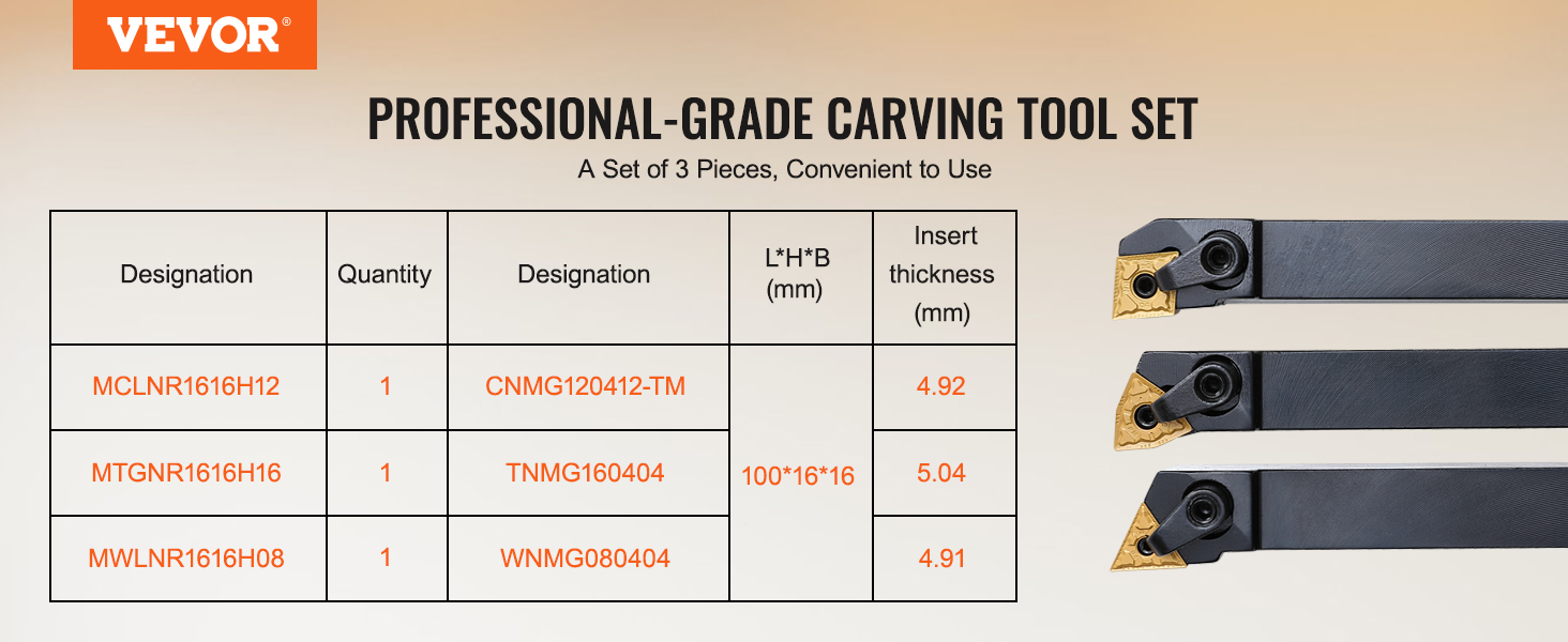 VEVOR lathe tool holder set with three pieces showing product designations and specifications.
