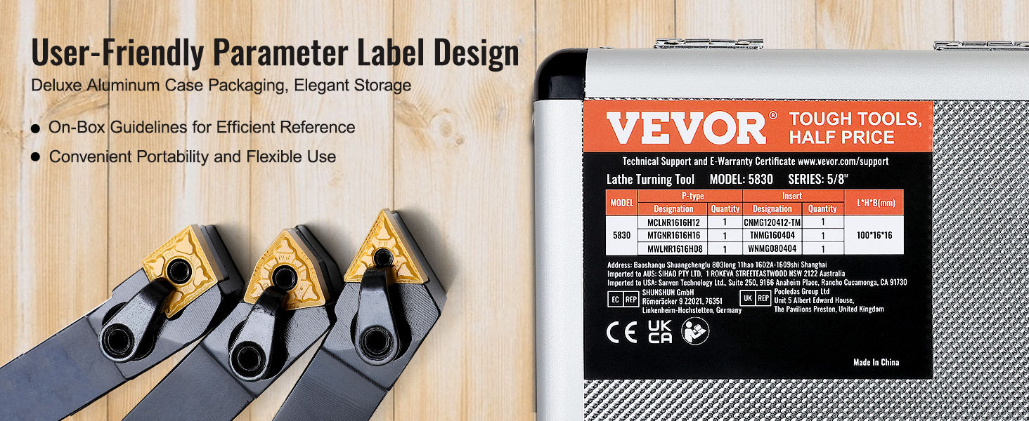 VEVOR lathe tool holder with detailed label, three lathe tools, and an aluminum case on wooden background.