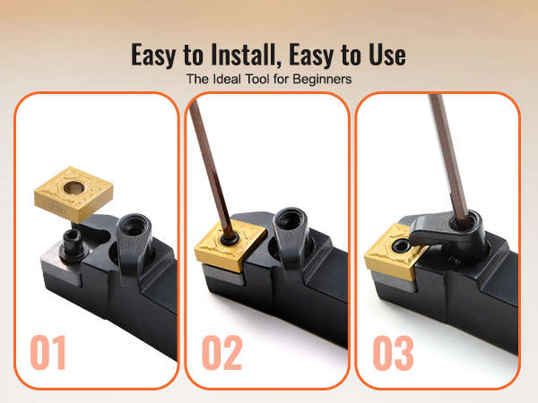 VEVOR lathe tool holder installation steps with hex key and carbide insert. ideal for beginners.