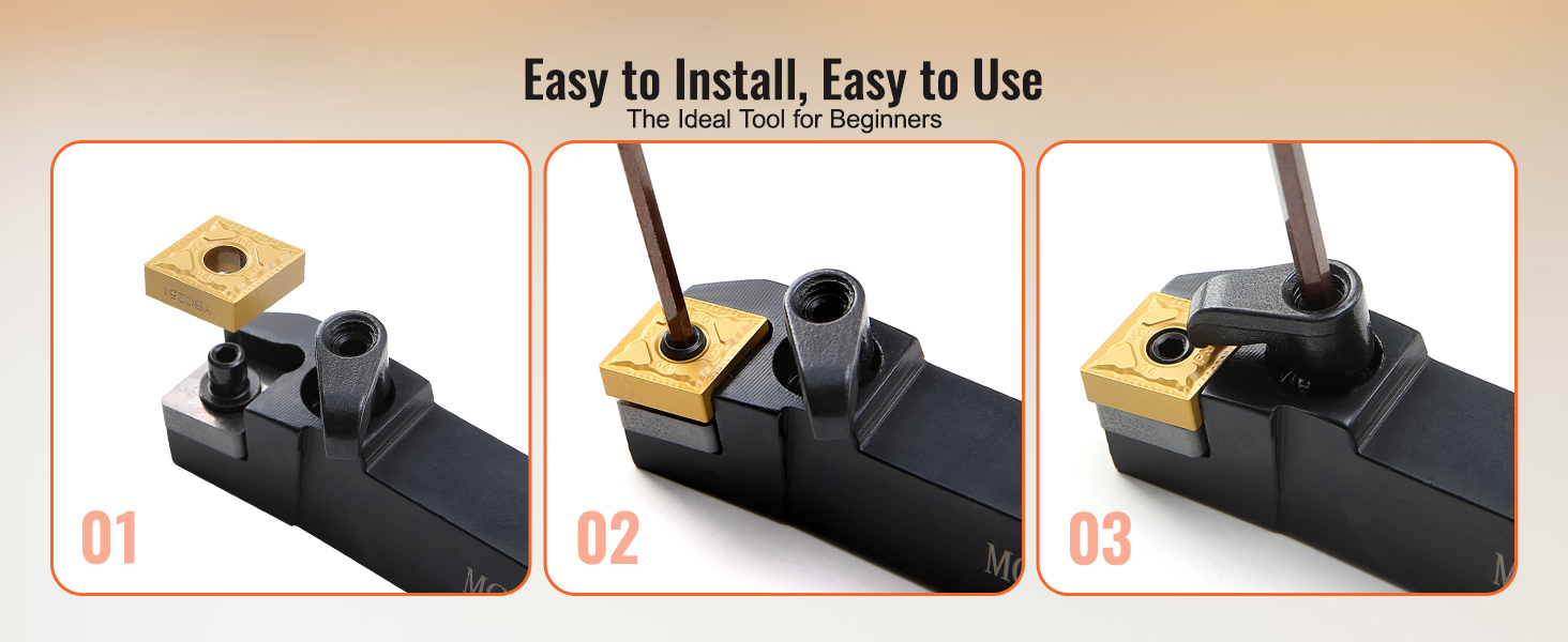 VEVOR lathe tool holder installation steps with hex key and carbide insert. ideal for beginners.
