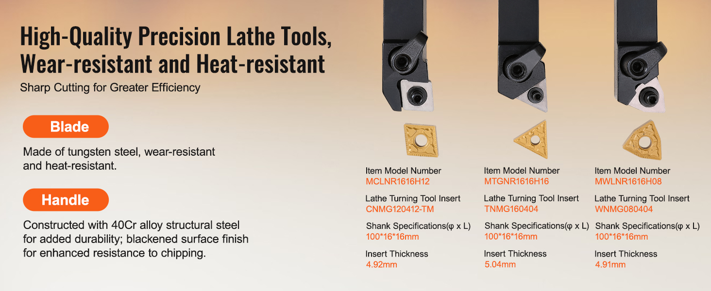 high-quality precision lathe tools and VEVOR lathe tool holder, tungsten steel blade, heat-resistant handle.