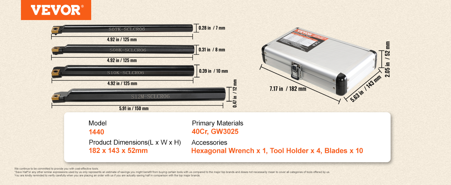 VEVOR lathe turning tool holder set with case, four tool holders, ten blades, and hexagonal wrench.