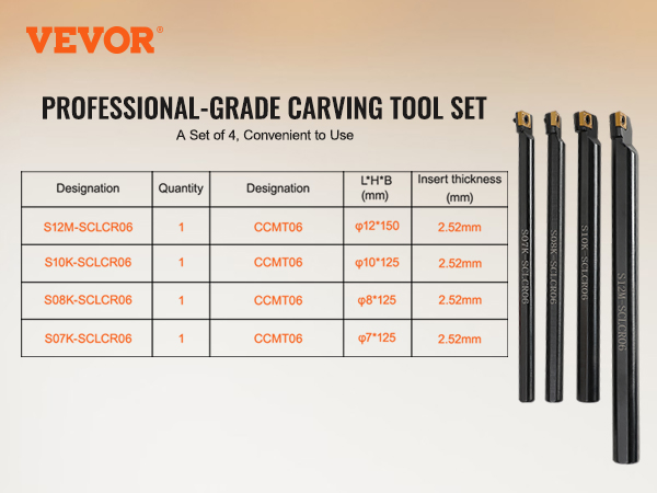 VEVOR lathe turning tool holder set of 4 with sclcr06 inserts, detailed specifications table.