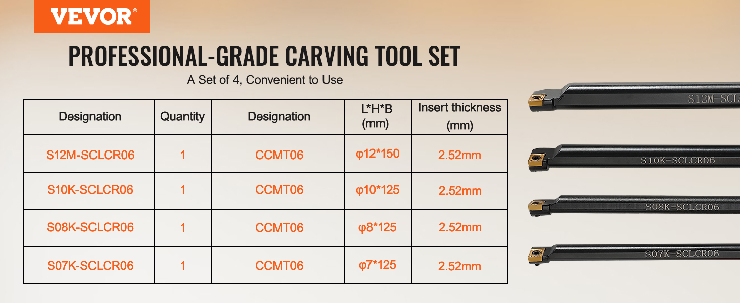 VEVOR lathe turning tool holder set of 4 with sclcr06 inserts, detailed specifications table.