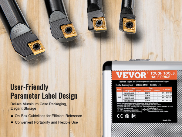 VEVOR lathe turning tool holder set with on-box guidelines in aluminum case packaging.