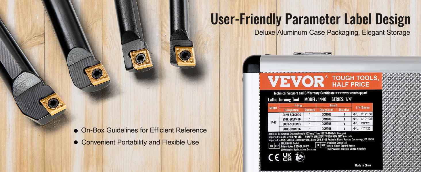 VEVOR lathe turning tool holder set with on-box guidelines in aluminum case packaging.