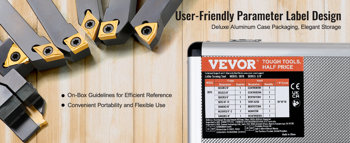 VEVOR lathe turning tool holder with convenient aluminum case and user-friendly parameter labels.