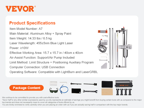 VEVOR laser engraver with 40cm x 40cm working area, safety glasses, usb cable, and tool set.