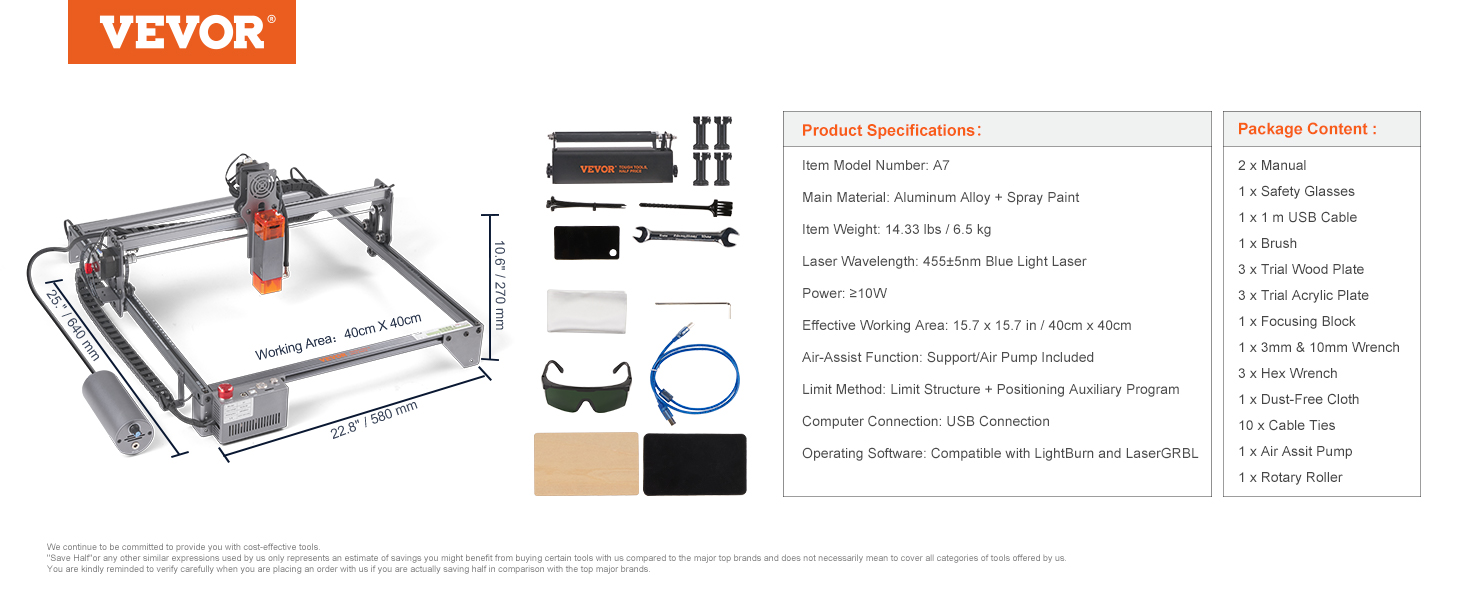 VEVOR laser engraver with 40cm x 40cm working area, safety glasses, usb cable, and tool set.