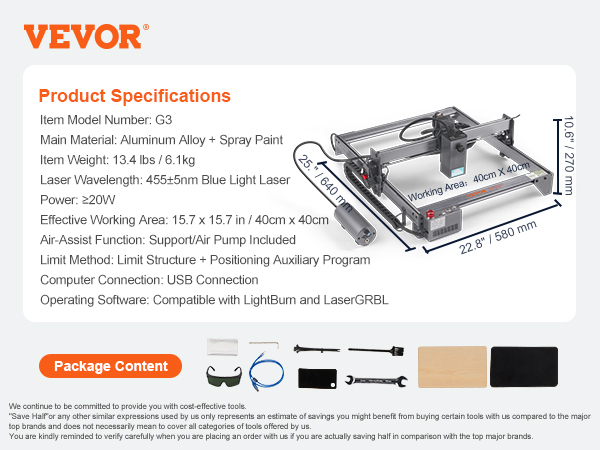 VEVOR laser engraver with 40cm x 40cm working area, aluminum frame, safety glasses, and accessories.