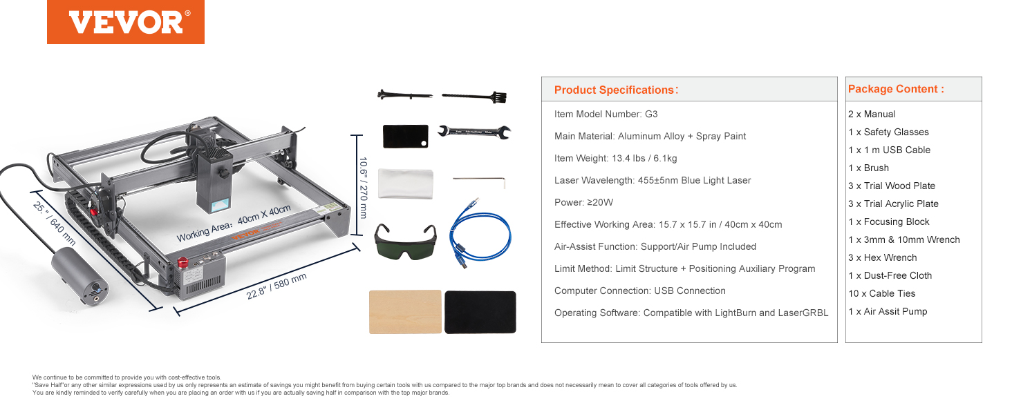 VEVOR laser engraver with 40cm x 40cm working area, aluminum frame, safety glasses, and accessories.