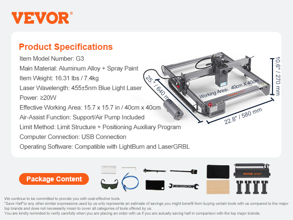 VEVOR laser engraver with 40x40cm working area, tools, cables, safety glasses, wood plates.