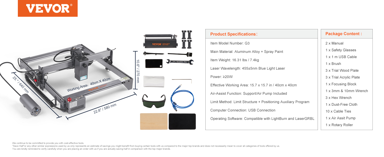 VEVOR laser engraver with 40x40cm working area, tools, cables, safety glasses, wood plates.