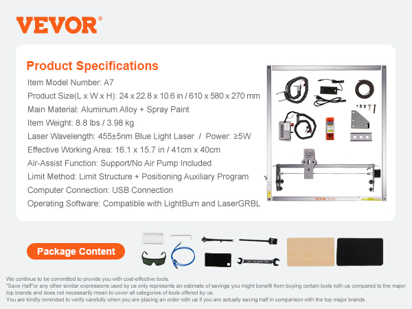VEVOR laser engraver kit with frame, power cables, safety glasses, wrenches, and accessories.