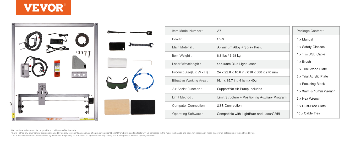 VEVOR laser engraver kit with frame, power cables, safety glasses, wrenches, and accessories.
