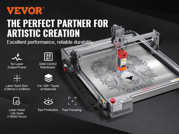 VEVOR laser engraver: precise lion engraving with 5w laser, 32-bit control, fast focusing, and eye protection.