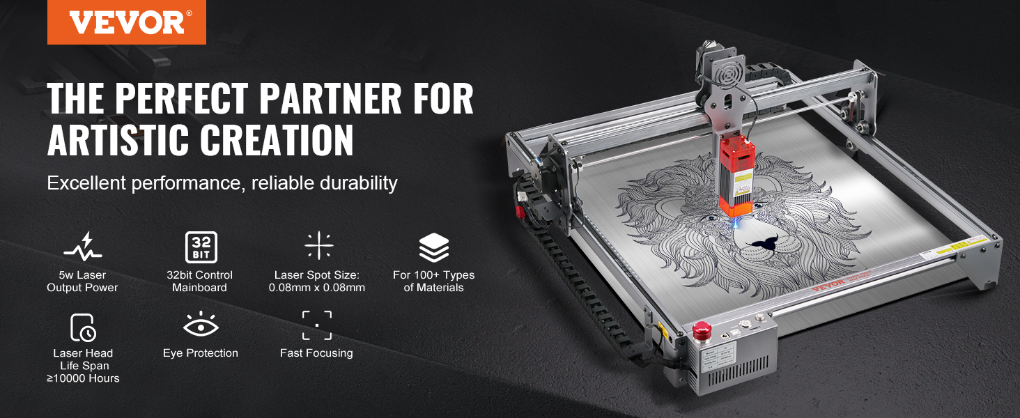 VEVOR laser engraver: precise lion engraving with 5w laser, 32-bit control, fast focusing, and eye protection.