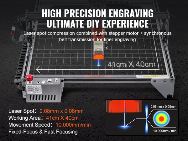 VEVOR laser engraver with high precision engraving, 41cm x 40cm working area, fixed-focus, and 10,000mm/min speed.