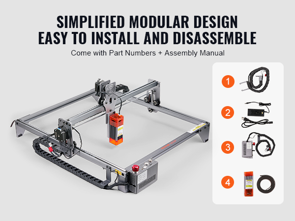 VEVOR laser engraver with modular design, easy installation, and included parts for assembly.