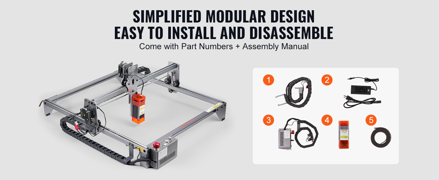 VEVOR laser engraver with modular design, easy installation, and included parts for assembly.