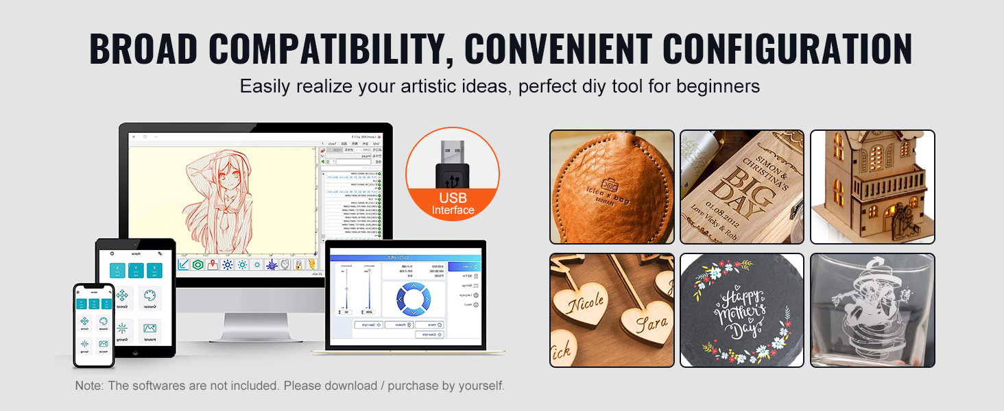 VEVOR laser engraver: broad compatibility, usb interface, engravings on leather, wood, glass, and more.