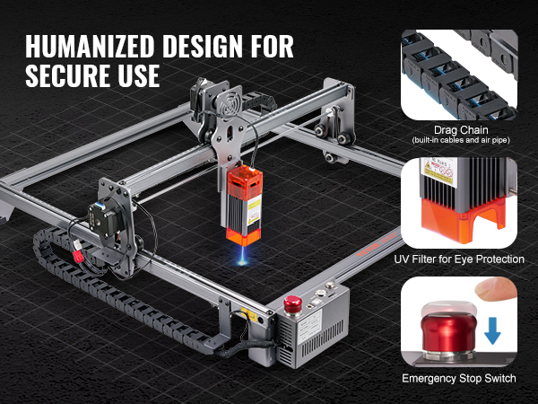 VEVOR laser engraver with drag chain, uv filter for eye protection, and emergency stop switch.