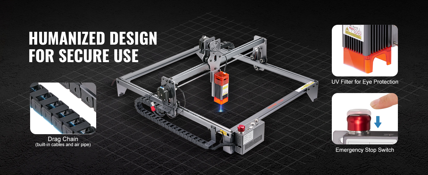 VEVOR laser engraver with drag chain, uv filter for eye protection, and emergency stop switch.