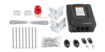 VEVOR swing gate opener parts including bolts, brackets, remote controls, and alarm light.