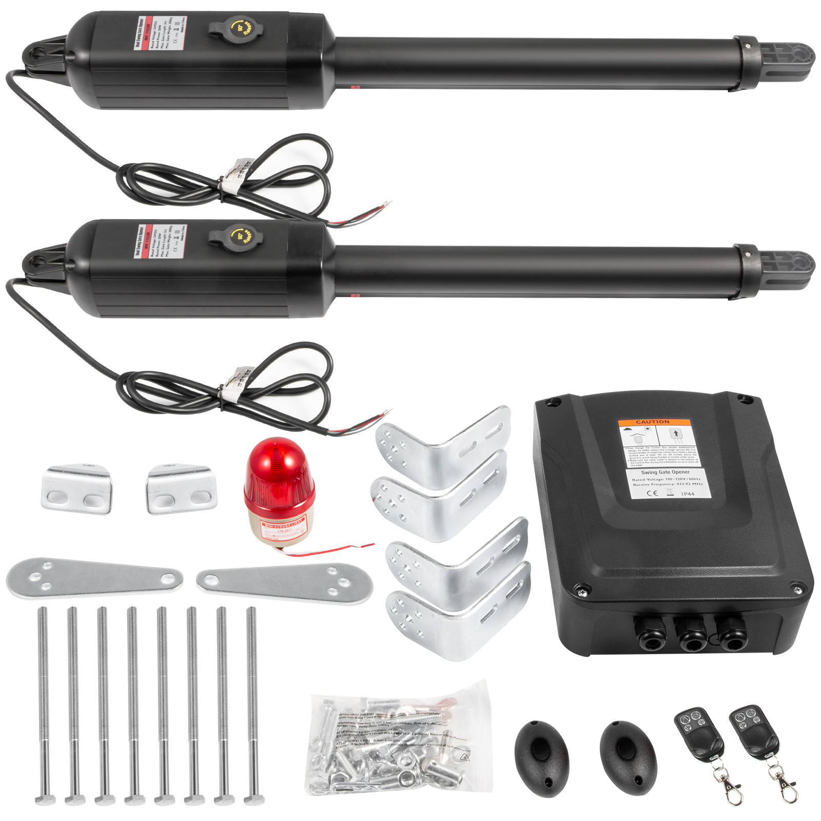 VEVOR swing gate opener kit with motors, control box, remote controls, and hardware.