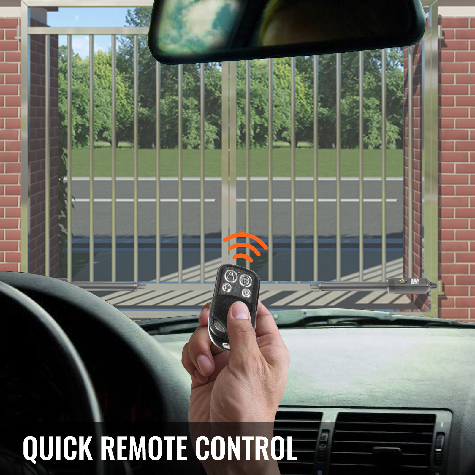 hand holding a remote in a car, operating a VEVOR swing gate opener.